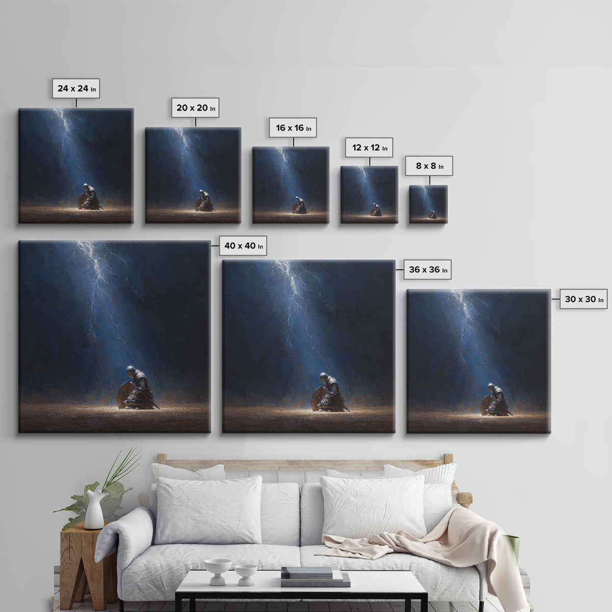 Kneeling Knight In Lightning Storm Wall Art, Dark Fantasy Medieval Canvas, Warrior Prayer Scene, Gothic Home Decor Unique Gift