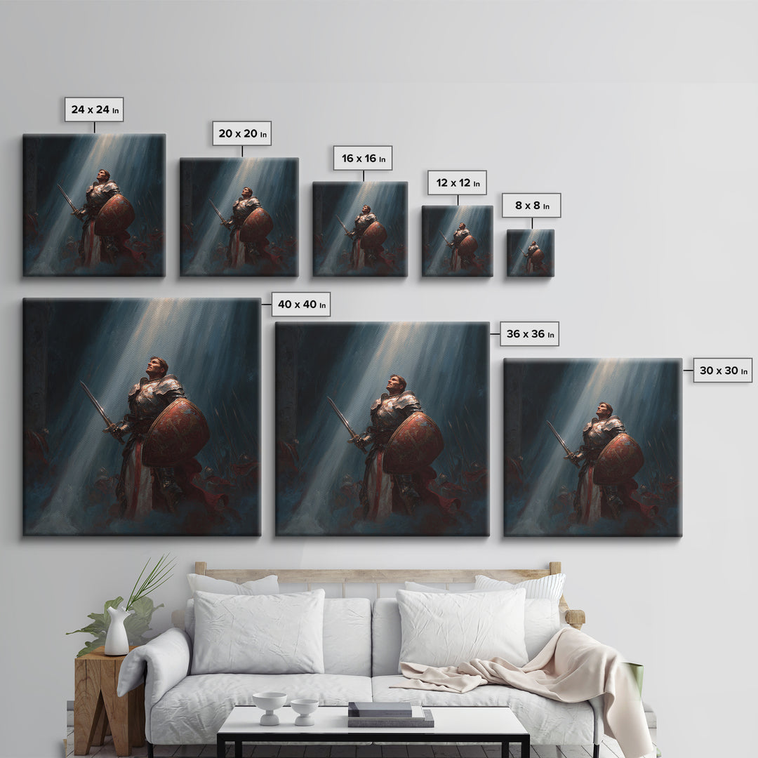 Heroic Knight With Sword And Shield In Divine Light Framed Canvas Print, Fantasy Wall Art, Medieval Wall Decor, Gift For Him