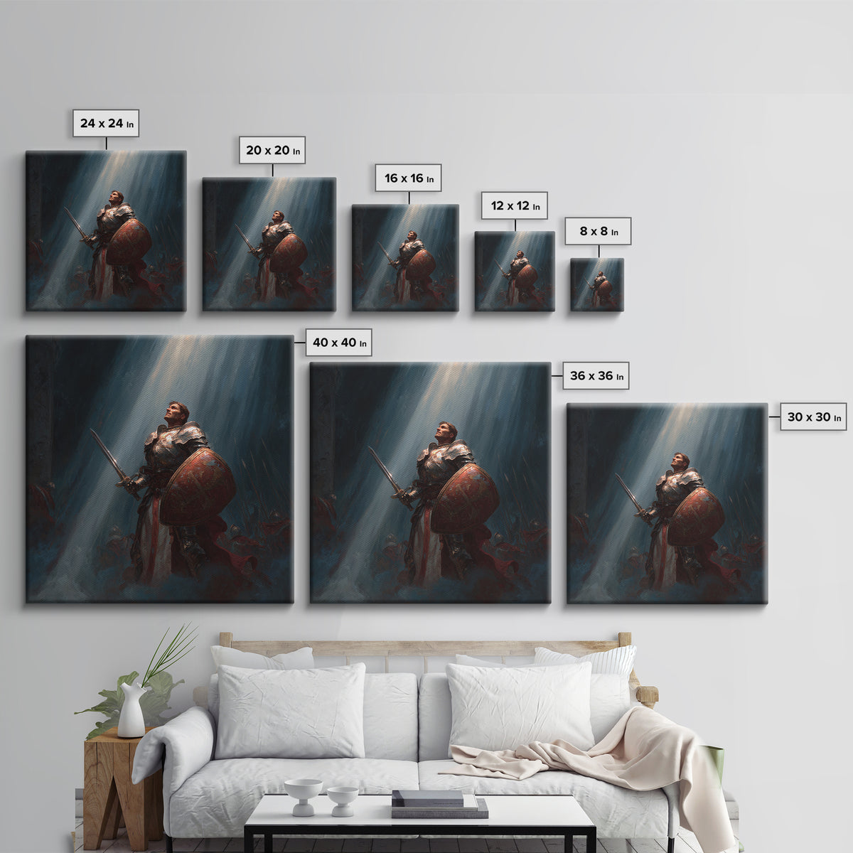 Heroic Knight With Sword And Shield In Divine Light Framed Canvas Print, Fantasy Wall Art, Medieval Wall Decor, Gift For Him