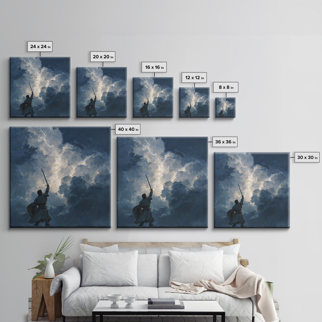 Warrior Raising Sword Into Lightning Canvas Print, Epic Fantasy Wall Art, Storm Clouds, Dark Heroic Medieval Home Decor Gift