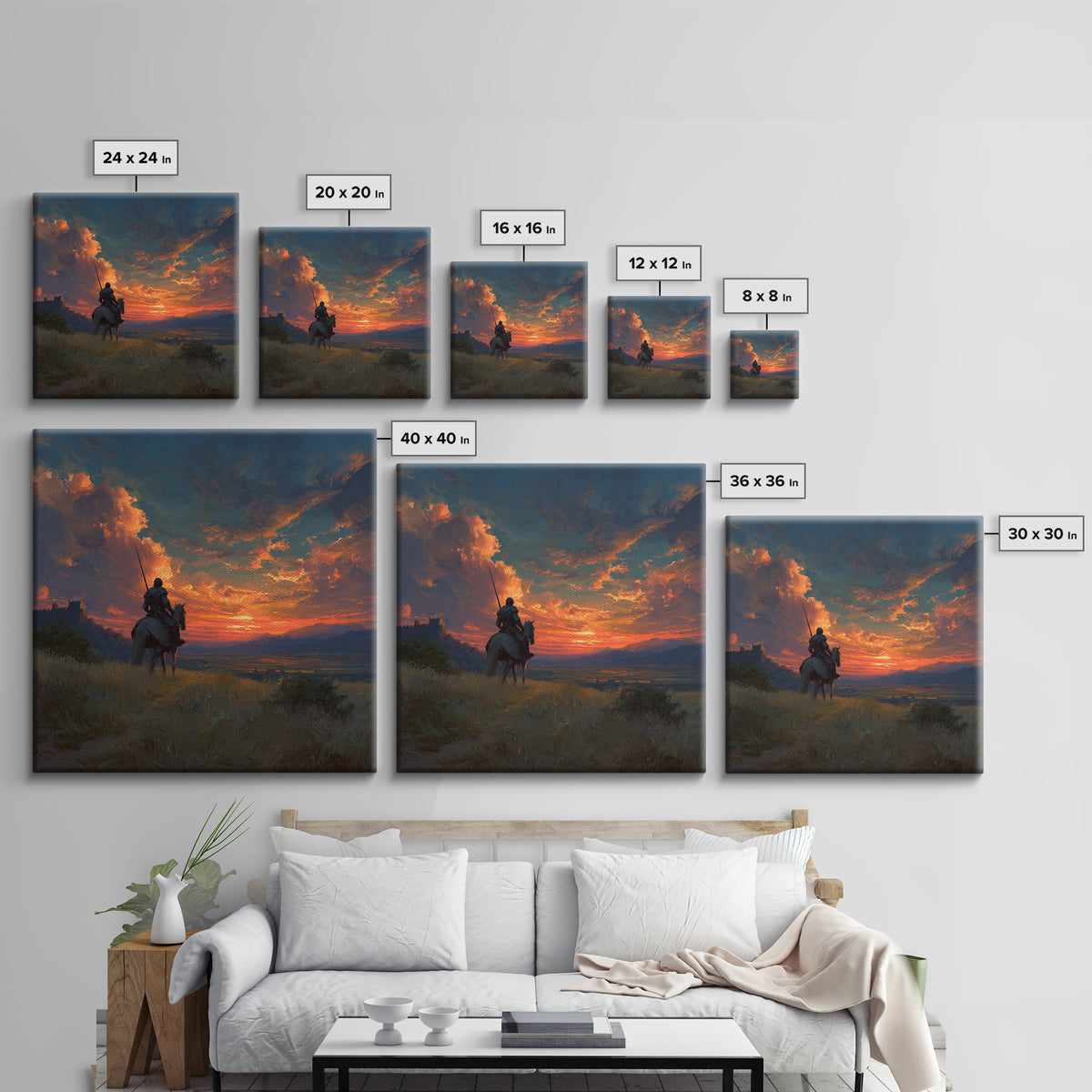 Armored Knight On Horseback At Fiery Sunset Canvas Print, Medieval Fantasy Wall Art, Dramatic Landscape Decor For Him Gift
