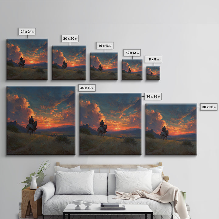 Armored Knight On Horseback At Fiery Sunset Canvas Print, Medieval Fantasy Wall Art, Dramatic Landscape Decor For Him Gift