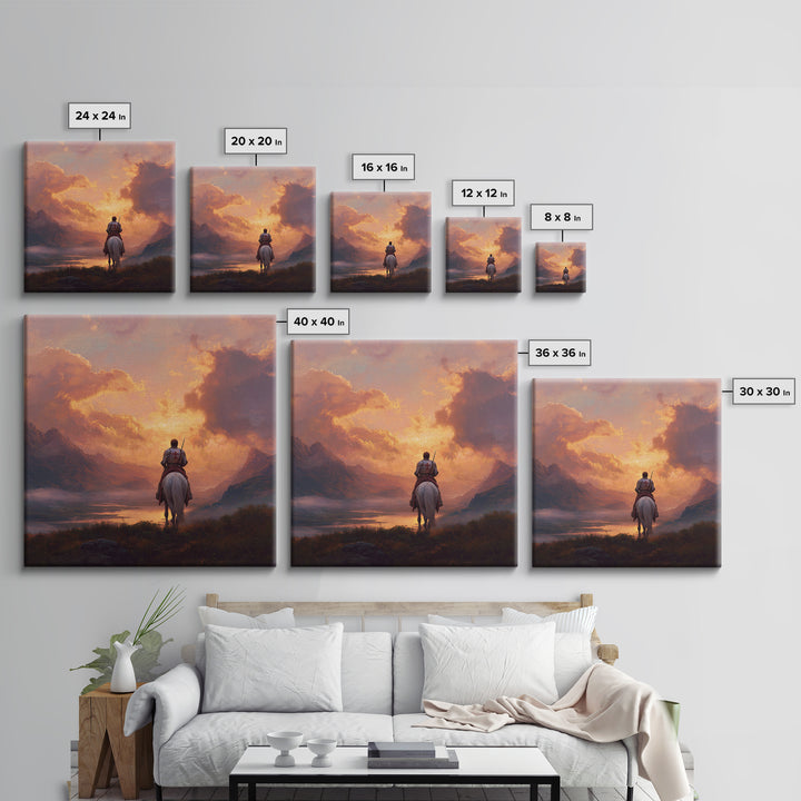 Lone Crusader Horseback Sunset Canvas Print, Epic Mountain Landscape Wall Art, Christian Artwork, Fantasy Art, Gift For Him
