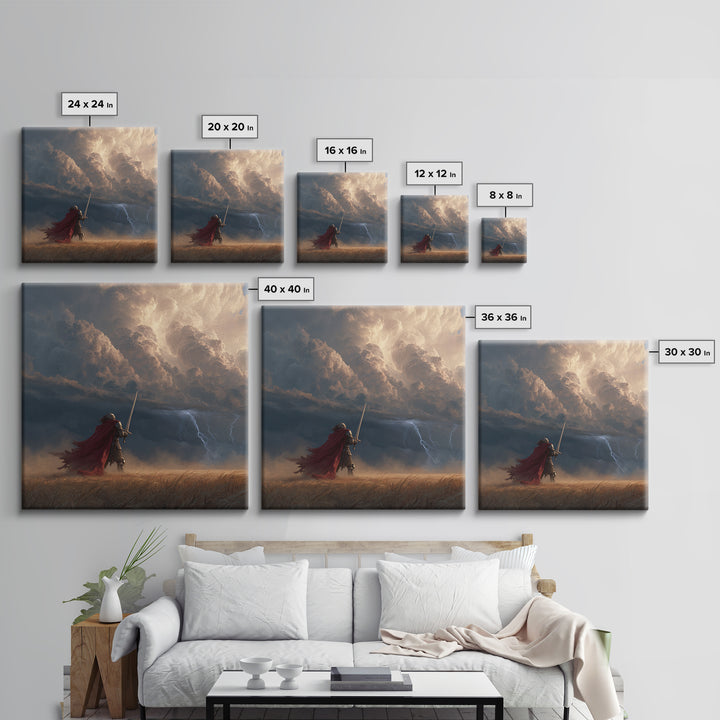 Armored Knight Facing Thunderstorm Wall Art, Dark Fantasy Canvas Print, Medieval Decor, Dramatic Warrior Gift For Him, Office Decor