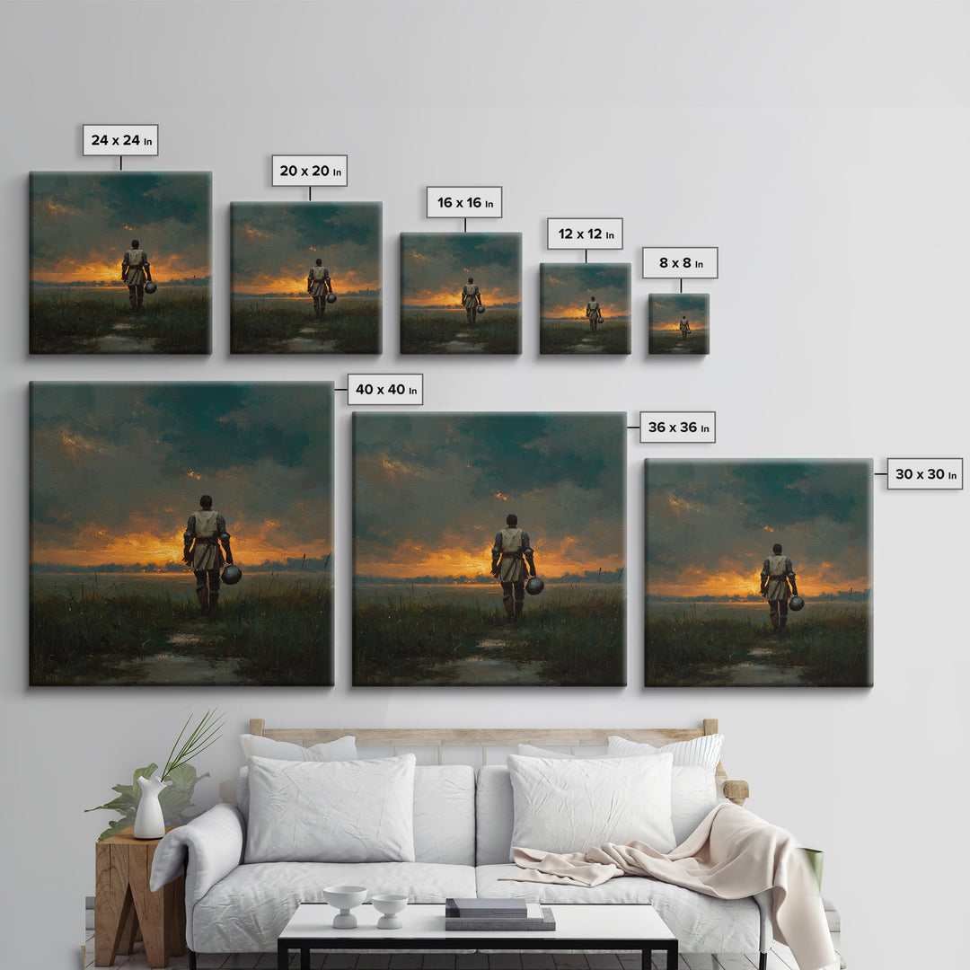 Lone Knight Walking Into Sunset Wall Art, Moody Medieval Landscape Canvas Print, Dark Academia Decor, Fantasy Gift For Him