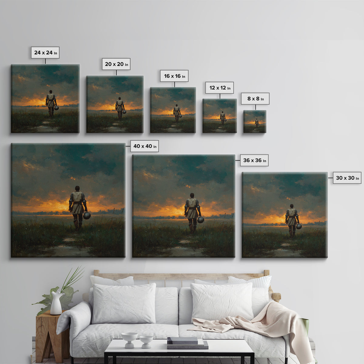 Lone Knight Walking Into Sunset Wall Art, Moody Medieval Landscape Canvas Print, Dark Academia Decor, Fantasy Gift For Him