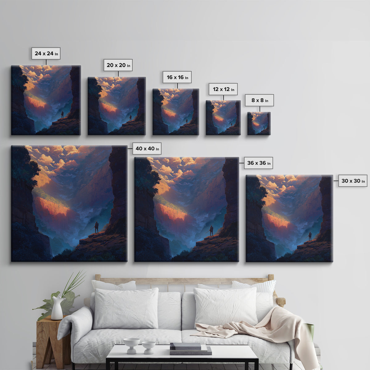 Warrior Over Misty Canyon Wall Art, Epic Fantasy Landscape Canvas Print, Mountain Wall Art, Adventure Decor, Gift For Him