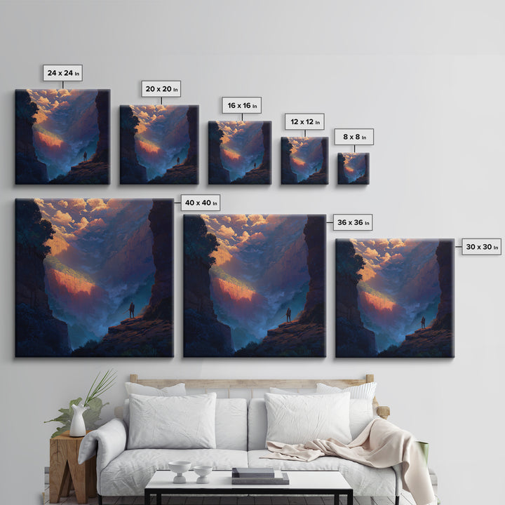 Warrior Over Misty Canyon Wall Art, Epic Fantasy Landscape Canvas Print, Mountain Wall Art, Adventure Decor, Gift For Him