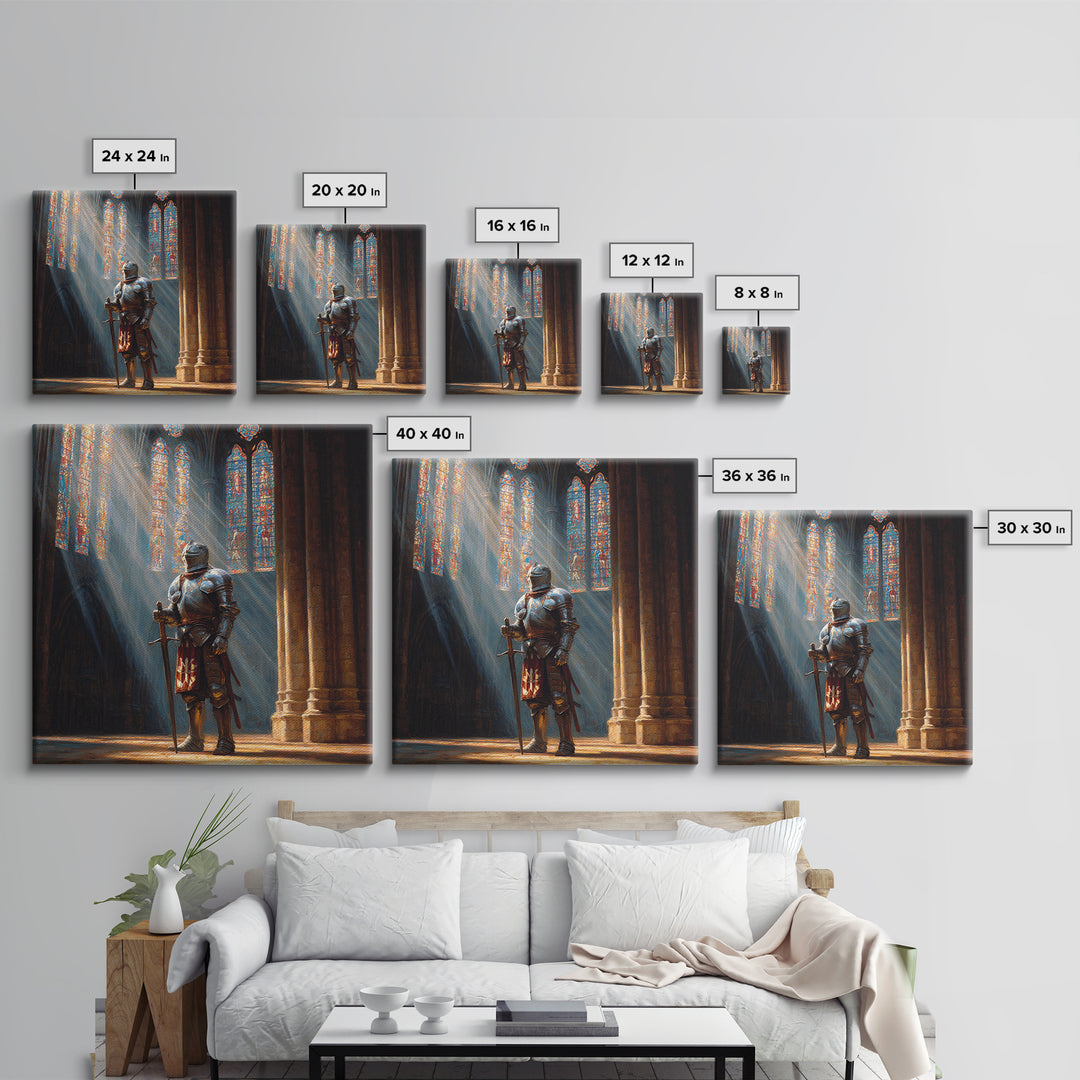 Armored Knight In Cathedral Light Wall Art, Medieval Fantasy Oil Painting, Gothic Decor, Dark Academia, Living Room Decor, Gift For Him