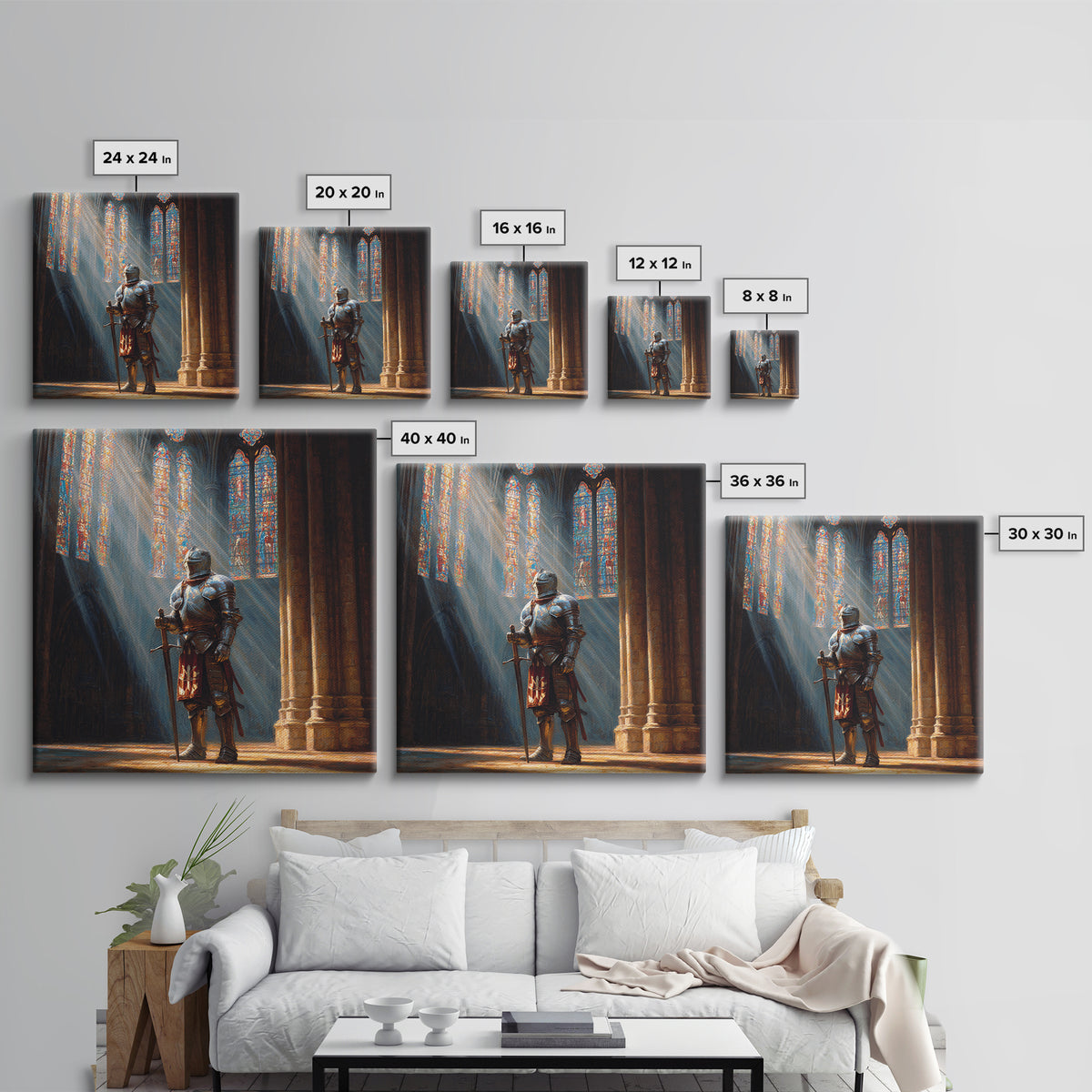 Armored Knight In Cathedral Light Wall Art, Medieval Fantasy Oil Painting, Gothic Decor, Dark Academia, Living Room Decor, Gift For Him
