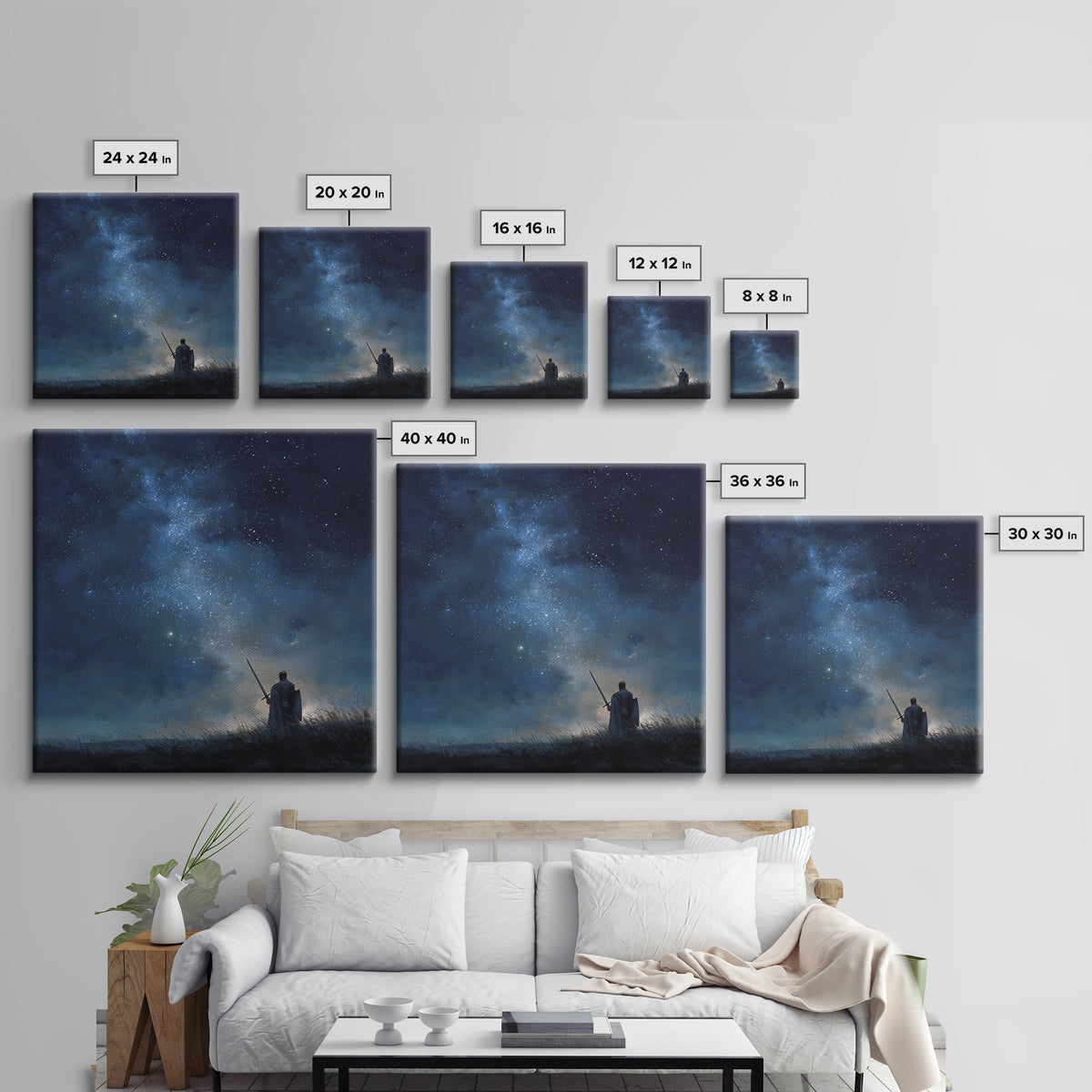 Starry Night Warrior With Sword Under Milky Way Canvas Print, Fantasy Wall Art, Celestial Decor, Mystical Bedroom Art Gift