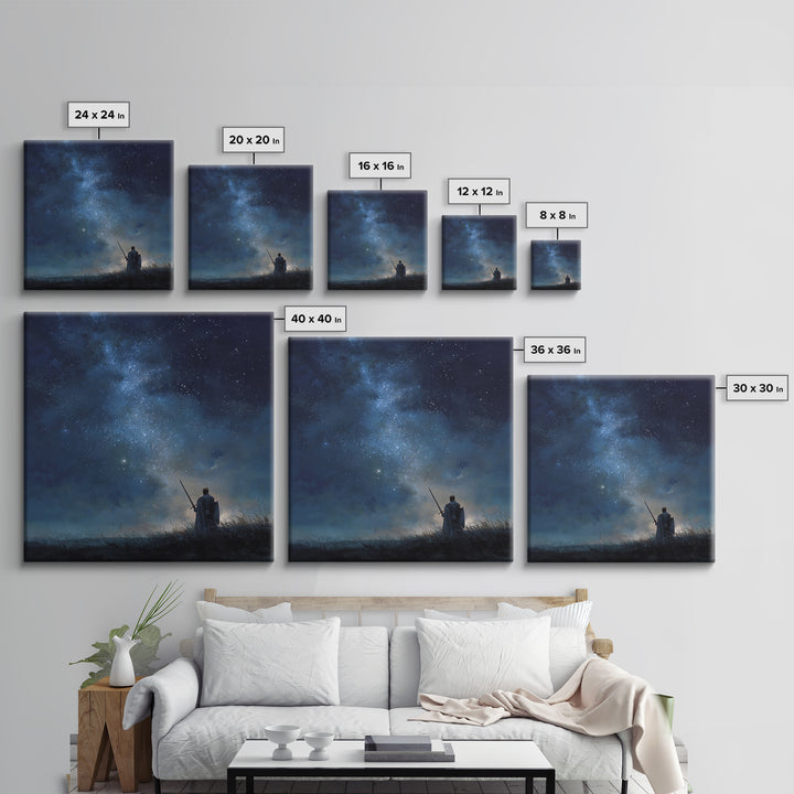 Starry Night Warrior With Sword Under Milky Way Canvas Print, Fantasy Wall Art, Celestial Decor, Mystical Bedroom Art Gift