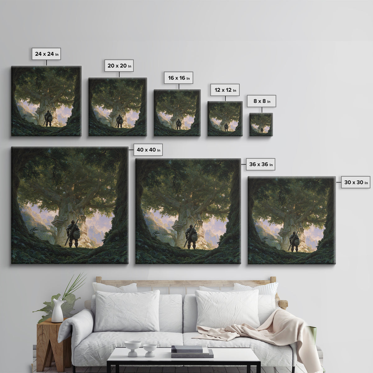 Warrior Before Ancient Tree Wall Art, Fantasy Forest Canvas Print, Enchanted Landscape Decor, Mythical Adventure Gift For Gamers