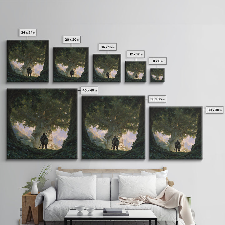 Warrior Before Ancient Tree Wall Art, Fantasy Forest Canvas Print, Enchanted Landscape Decor, Mythical Adventure Gift For Gamers