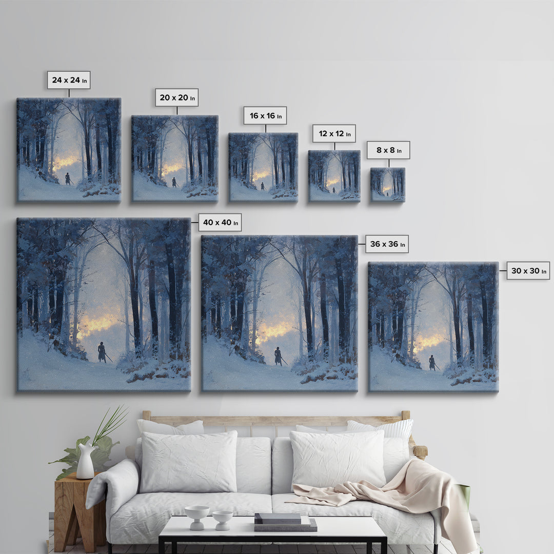 Blue Snowy Forest Wanderer Wall Art, Winter Landscape Canvas Print, Moody Nature Decor, Fantasy Adventure Gift For Him