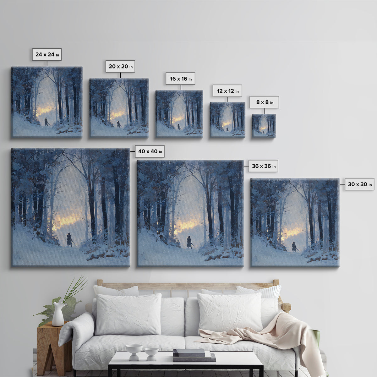 Blue Snowy Forest Wanderer Wall Art, Winter Landscape Canvas Print, Moody Nature Decor, Fantasy Adventure Gift For Him