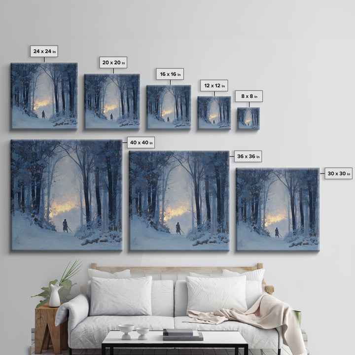 Blue Snowy Forest Wanderer Wall Art, Winter Landscape Canvas Print, Moody Nature Decor, Fantasy Adventure Gift For Him