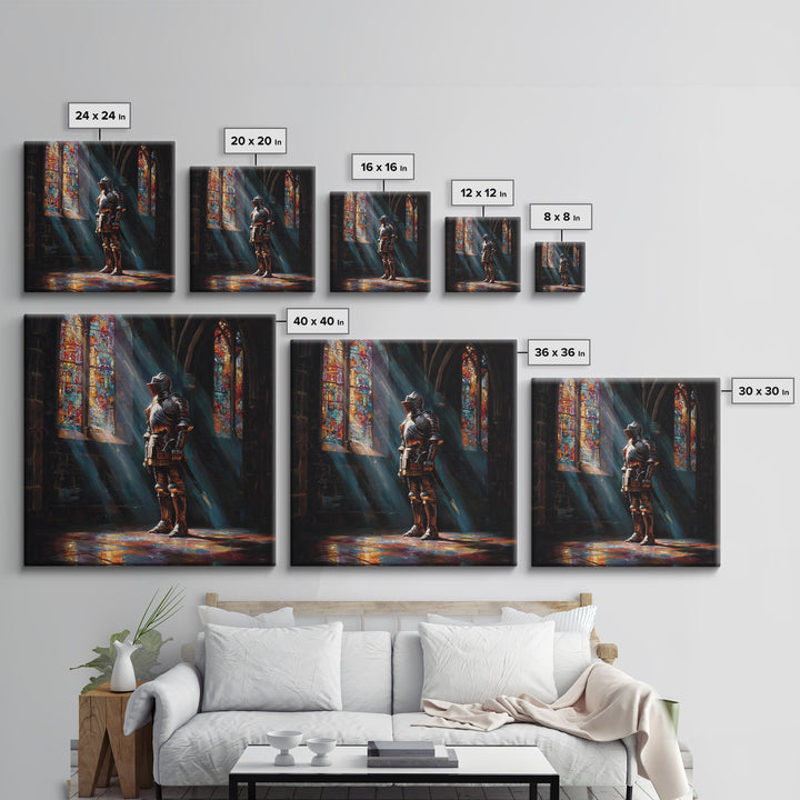 Armored Knight In Stained Glass Cathedral Wall Art, Gothic Castle Canvas Print, Medieval Decor, Dark Academia Fine Art Print