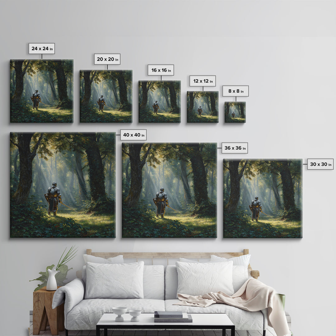 Armored Knight In Sunlit Forest Wall Art, Fantasy Canvas Print, Medieval Woodland Decor For Game Room Office And Home Decor