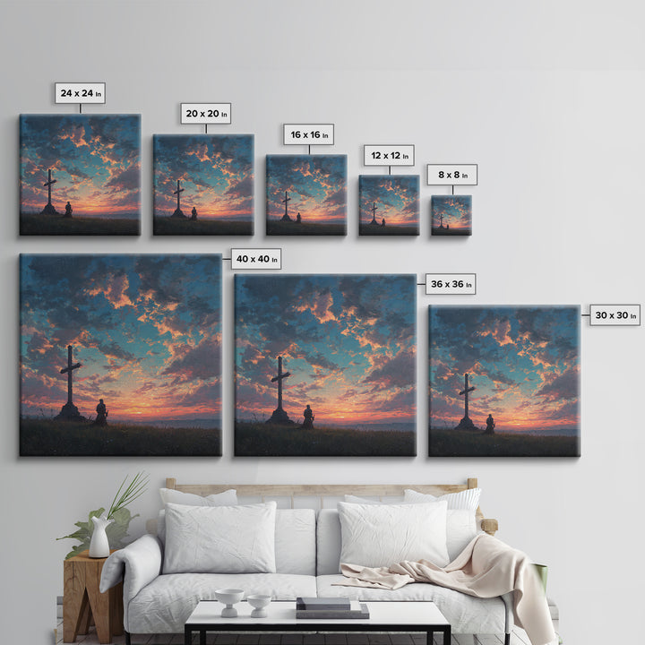 Knight Praying By Cross At Sunset Wall Art, Christian Landscape Painting, Bible Verse Decor, Inspirational Gift For Him Print
