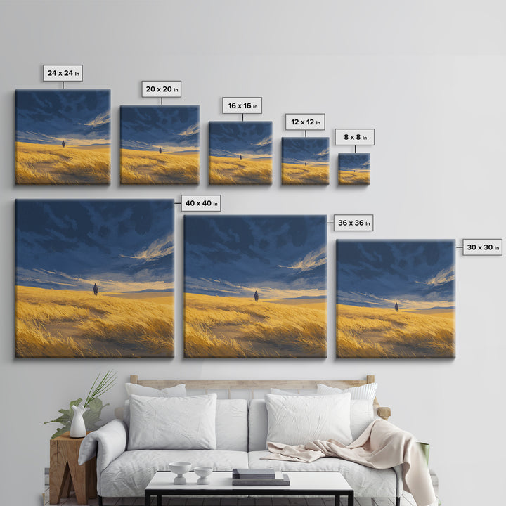 Lone Traveler In Golden Prairie Under Blue Sky Wall Art, Dreamy Landscape Canvas Print, Minimalist Nature Decor, Rustic Gift