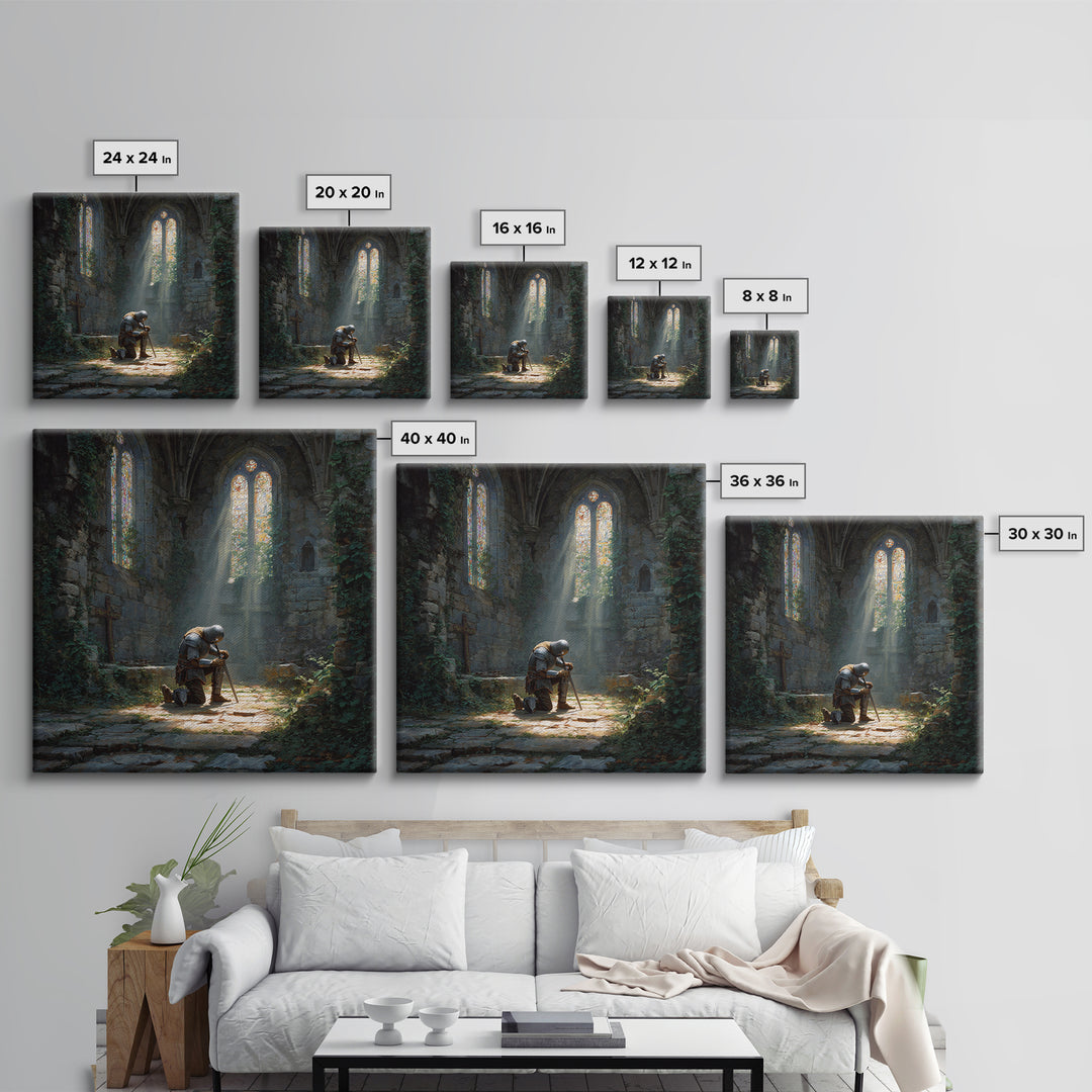 Kneeling Knight In Ruined Chapel Wall Art, Medieval Fantasy Canvas Print, Gothic Decor, Christian Artwork, Fine Art Print