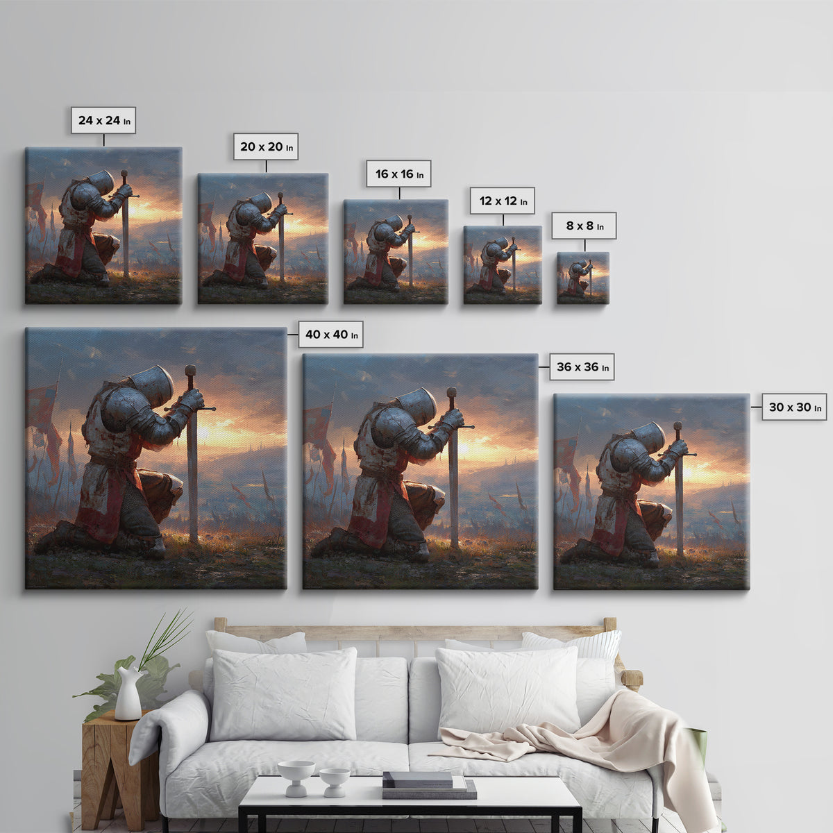 Kneeling Medieval Knight Wall Art, Fantasy Canvas Print, Warrior Sword Painting, Gothic Decor, Dark Academia Gift For Him