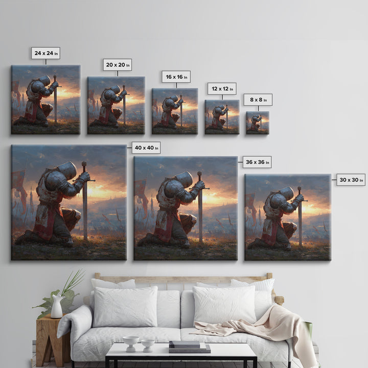Kneeling Medieval Knight Wall Art, Fantasy Canvas Print, Warrior Sword Painting, Gothic Decor, Dark Academia Gift For Him