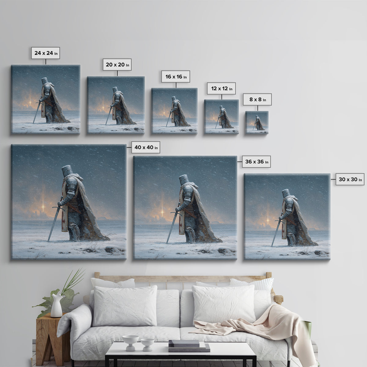 Snowy Medieval Knight Canvas Print, Fantasy Wall Art, Winter Warrior Sword Painting, Gothic Decor, Dark Academia Gift For Him