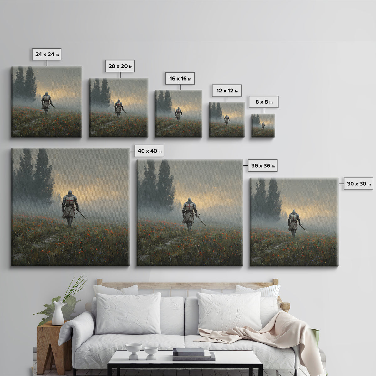 Misty Crusader Knight In Wildflower Meadow Wall Art, Medieval Landscape Canvas Print, Rustic Gothic Decor, Gift For Him Art