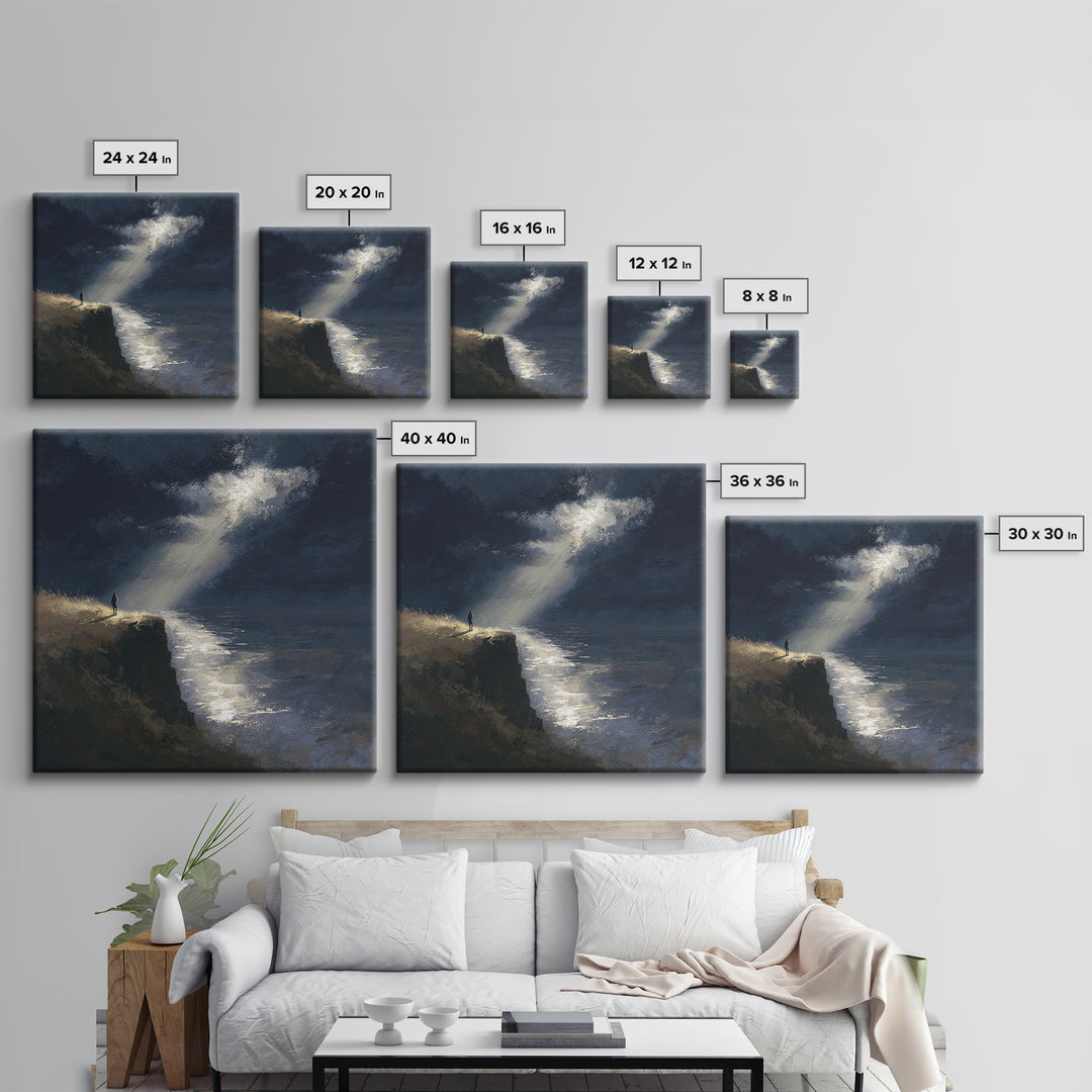 Lone Figure On Moonlit Cliff Wall Art, Moody Seascape, Dramatic Ocean Landscape, Dark Academia, Coastal Canvas Print, Fine Art Print