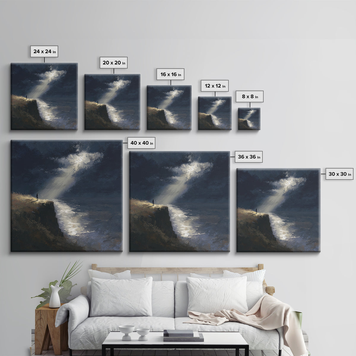 Lone Figure On Moonlit Cliff Wall Art, Moody Seascape, Dramatic Ocean Landscape, Dark Academia, Coastal Canvas Print, Fine Art Print