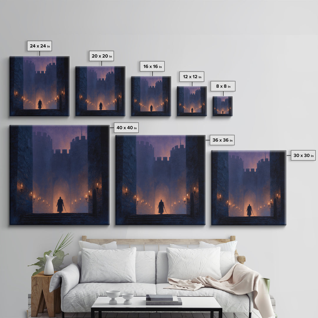 Cloaked Warrior At Castle Gate Wall Art, Dark Fantasy Canvas Print, Medieval Gothic Decor, Moody Game Room Art Gift For Him