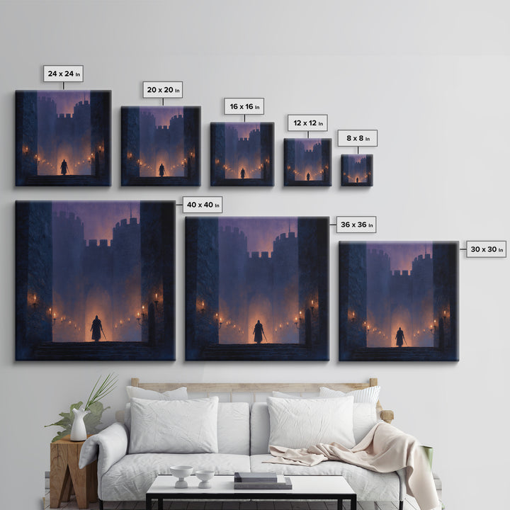 Cloaked Warrior At Castle Gate Wall Art, Dark Fantasy Canvas Print, Medieval Gothic Decor, Moody Game Room Art Gift For Him