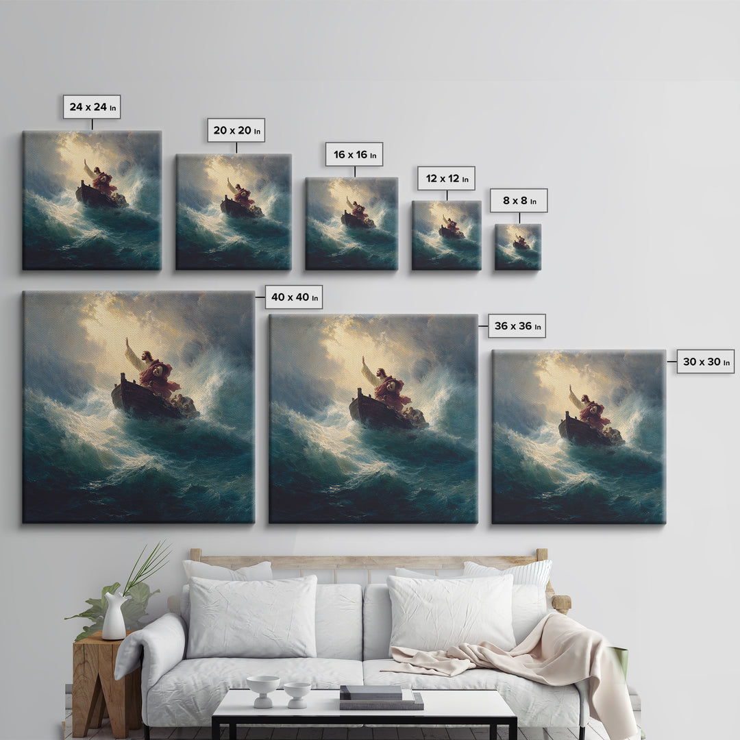 Jesus Calming The Storm At Sea Canvas Print, Biblical Ocean Painting, Christian Wall Art, Faith Gift For Prayer Room Decor