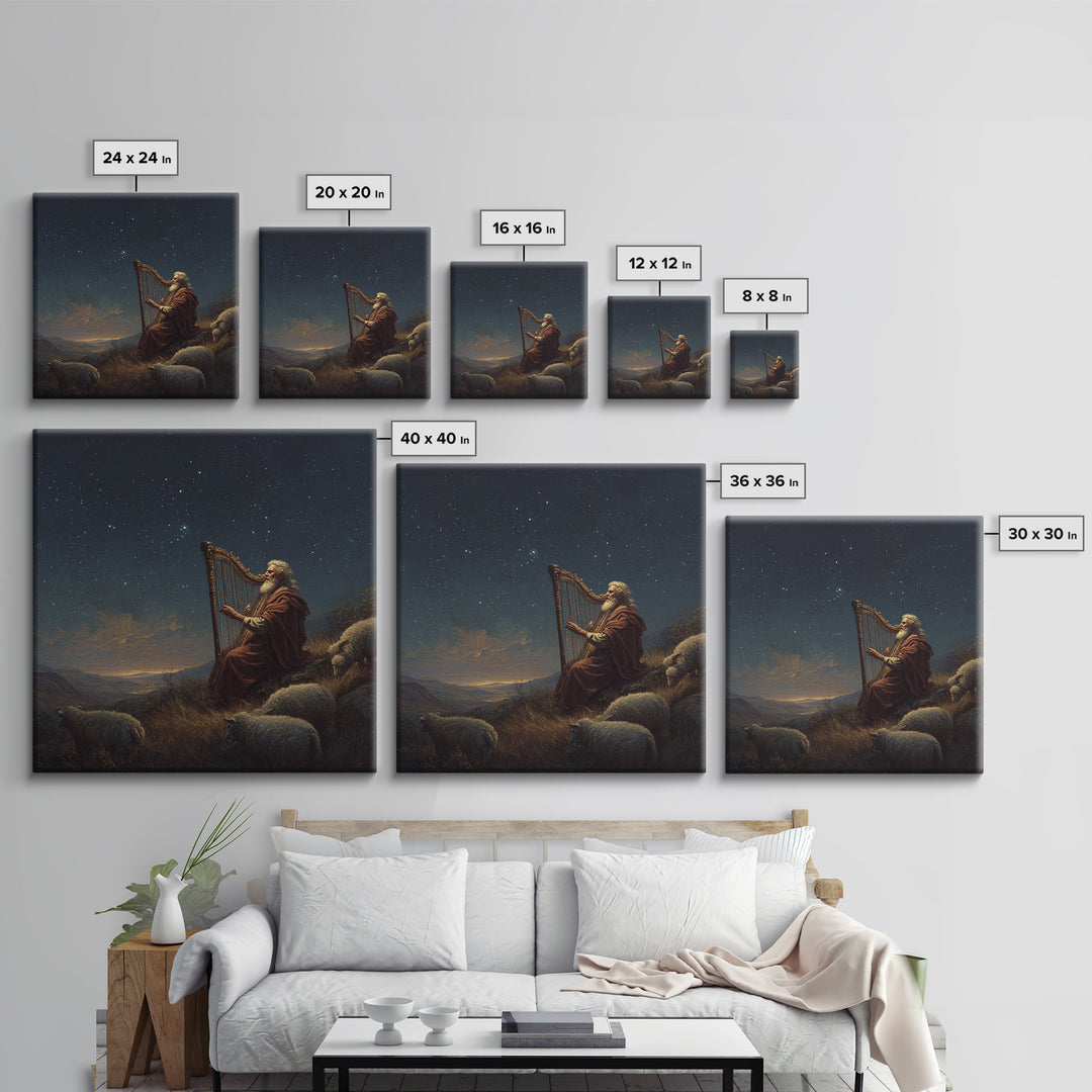 Biblical Shepherd Playing Harp Under Stars Canvas Print, David Psalm Wall Art, Celestial Christian Decor, Peaceful Gift For Her
