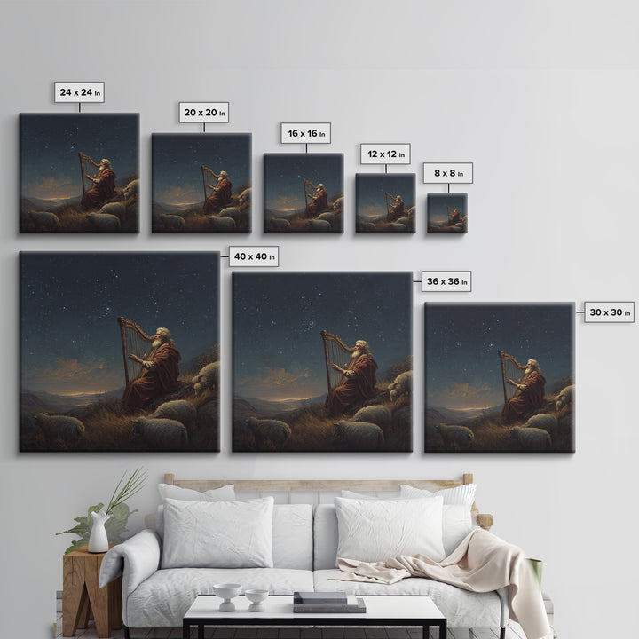 Biblical Shepherd Playing Harp Under Stars Canvas Print, David Psalm Wall Art, Celestial Christian Decor, Peaceful Gift For Her