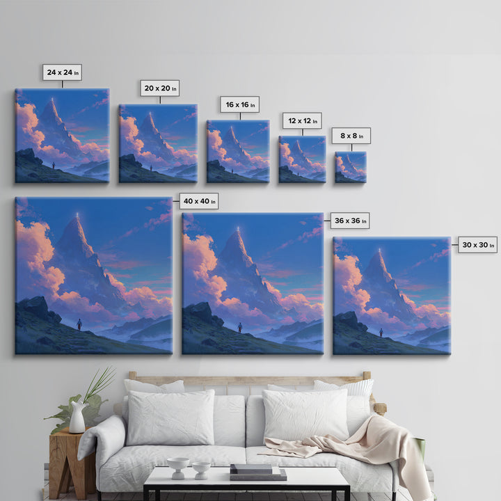 Glowing Fantasy Mountain Canvas Print, Epic Landscape Wall Art, Blue Sky Adventure Decor, Dreamy Nature Art, Gift For Him