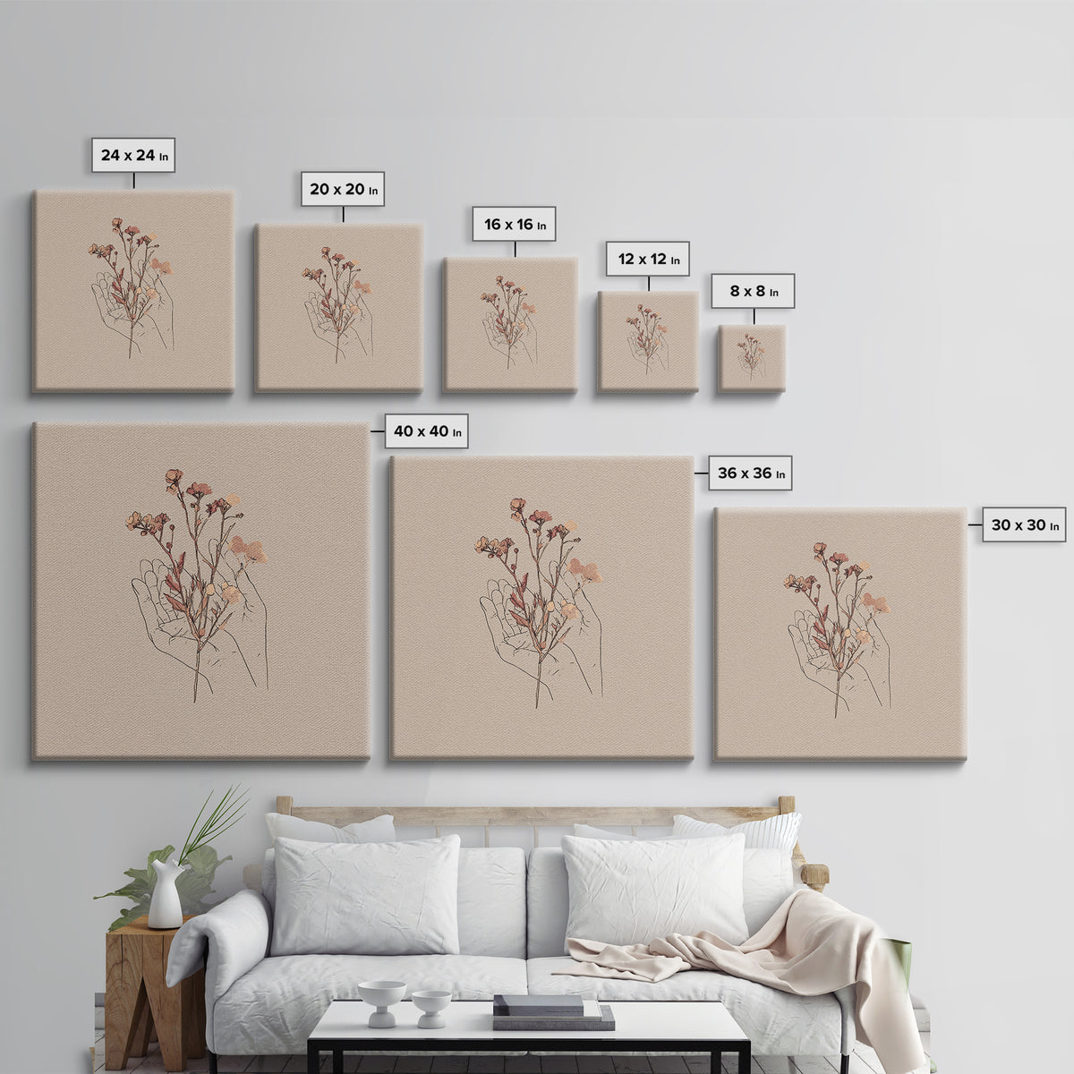 Delicate Hand With Wildflowers Wall Art, Feminine Botanical Line Art Canvas Print, Minimalist Bedroom Decor Gift For Her