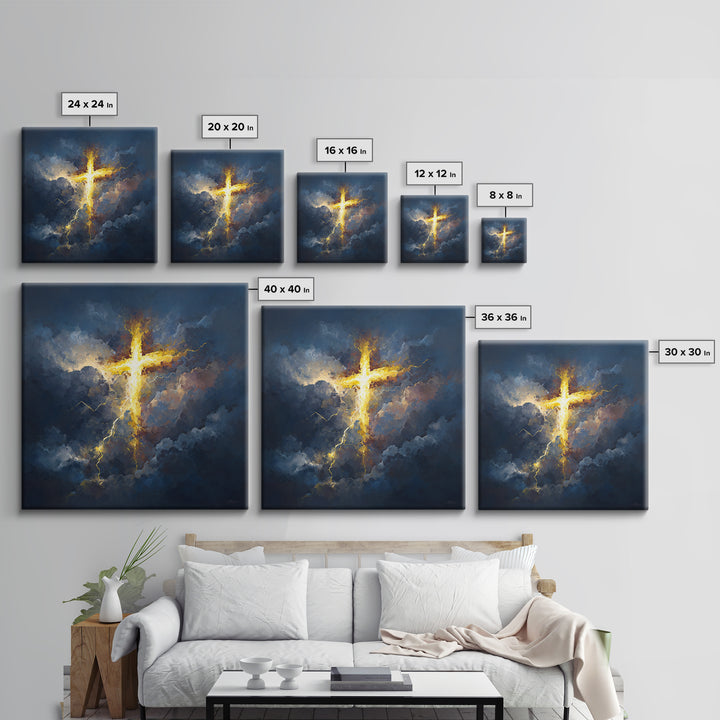 Glowing Cross In Storm Clouds Canvas Print, Christian Wall Art, Spiritual Gift, Faith Inspired Home Decor, Bible Verse Decor