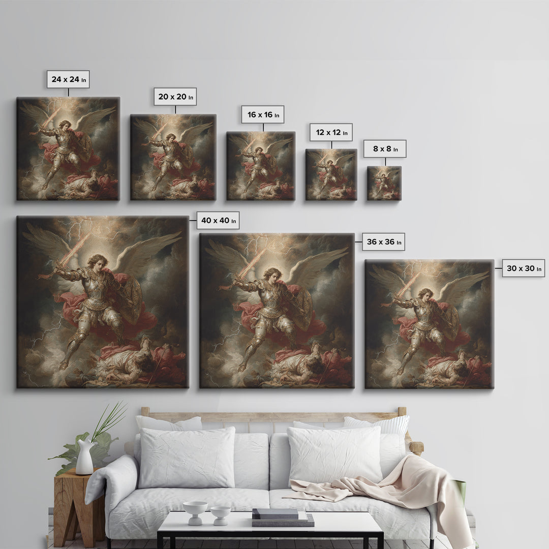 Archangel Michael Defeating Demon Framed Canvas Print, Baroque Religious Wall Art, Catholic Gift, Dramatic Fine Art Print