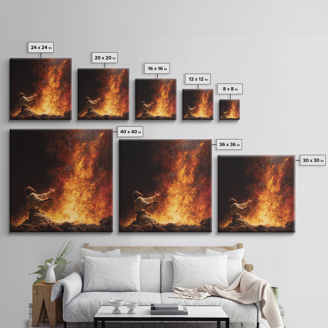 Kneeling Prophet Before Blazing Fire Wall Art, Biblical Painting, Spiritual Canvas Wall Art, Dramatic Christian Home Decor