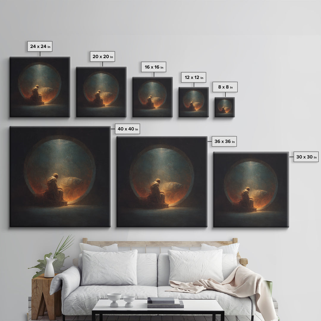 Surreal Fisherman And Giant Fish Canvas Print, Dark Fantasy Art, Moody Wall Decor, Unique Statement Artwork, Fine Art Print