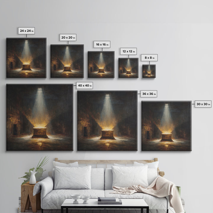 Glowing Ark In Ancient Chamber Framed Canvas Print, Dark Academia Wall Art, Biblical Oil Painting, Spiritual Home Decor Print