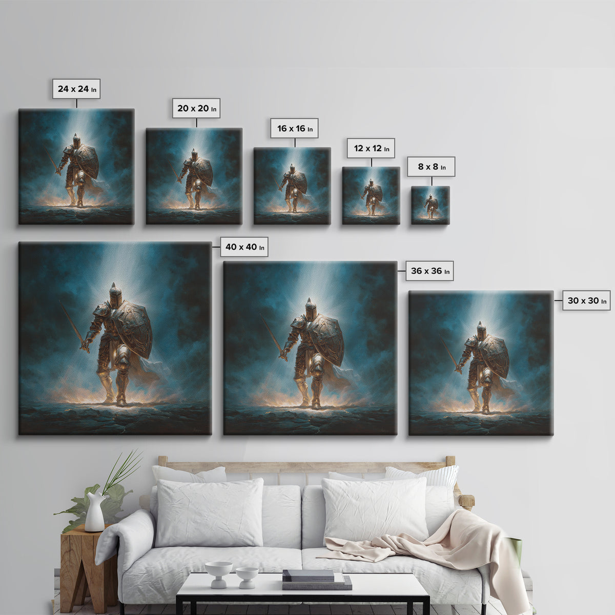 Heroic Silver Knight With Sword And Shield Wall Art, Fantasy Warrior Framed Canvas Print, Gothic Decor, Dramatic Office Art