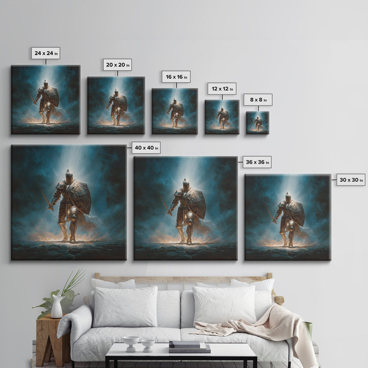 Heroic Silver Knight With Sword And Shield Wall Art, Fantasy Warrior Framed Canvas Print, Gothic Decor, Dramatic Office Art