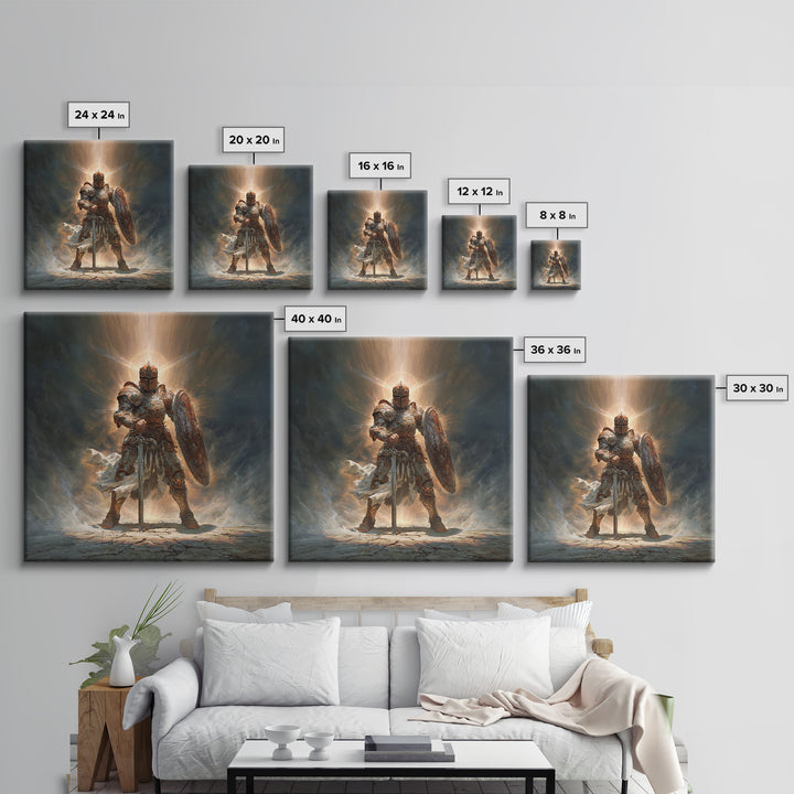 Glowing Medieval Knight Framed Canvas Print, Fantasy Wall Art, Warrior Armor Painting For Man Cave Decor And Gift For Him