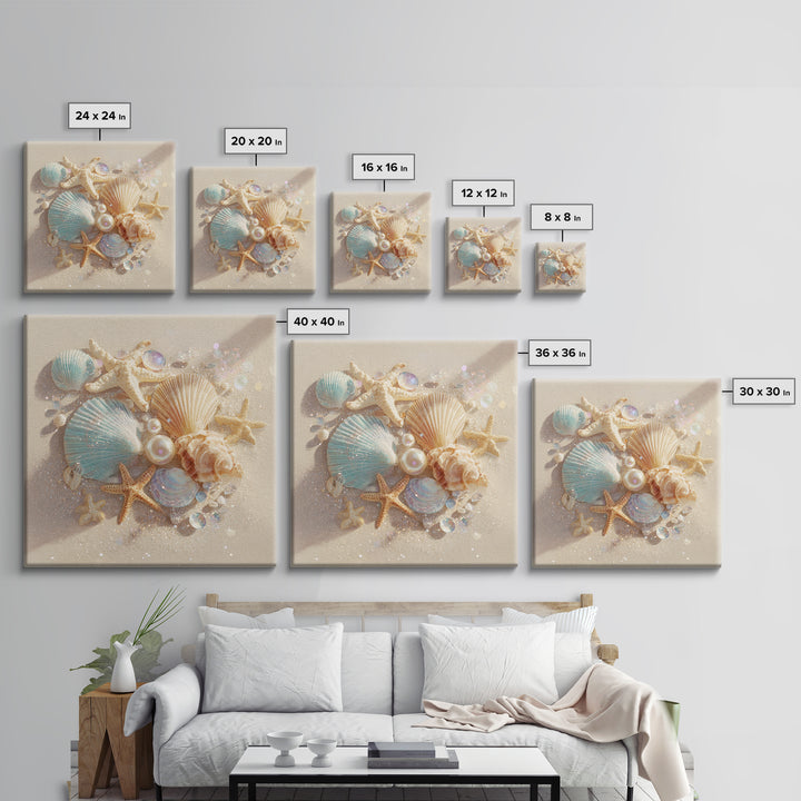 Seashells Starfish And Pearls Wall Art, Coastal Beach Canvas Print, Ocean Life Decor For Bathroom Or Beach House Home Decor