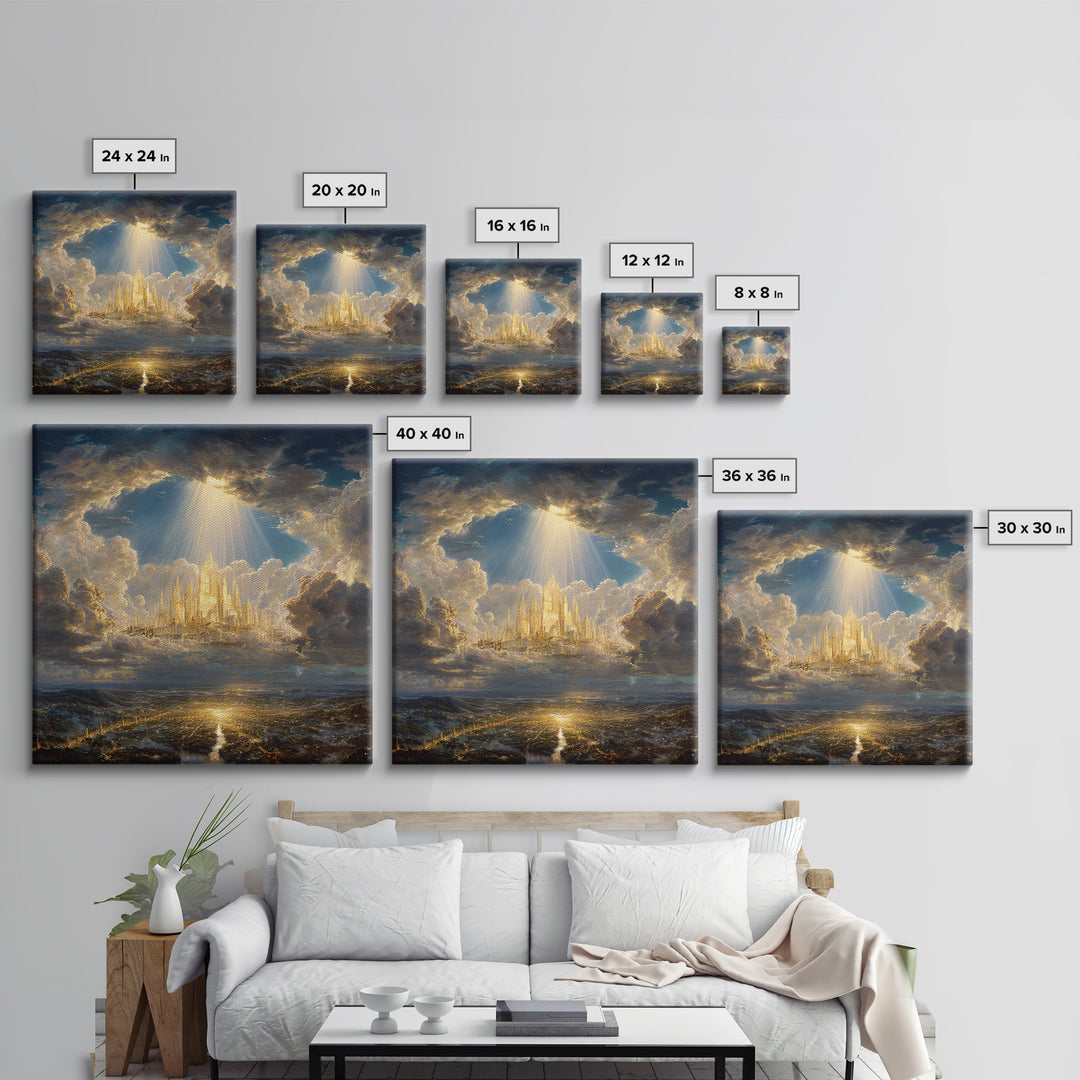 Golden Celestial City Above Clouds Wall Art, Heavenly Fantasy Canvas Print, Spiritual Landscape Decor, Statement Artwork Gift