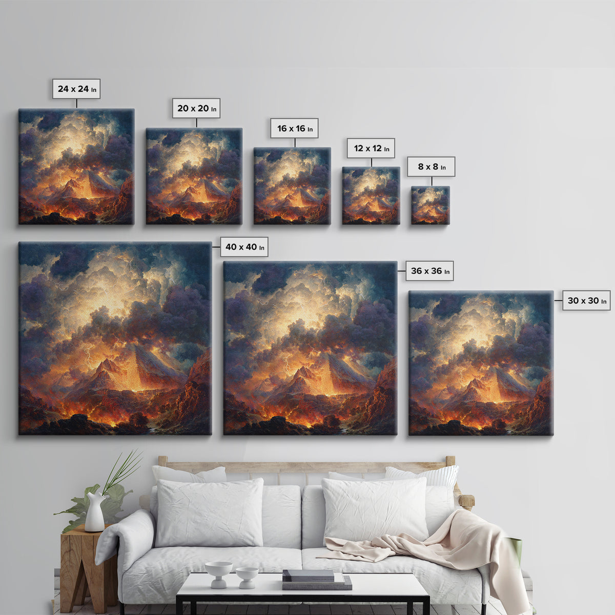 Volcanic Pyramid Storm Canvas Print, Fantasy Landscape Wall Art, Dramatic Lightning Decor, Dark Academia Statement Artwork